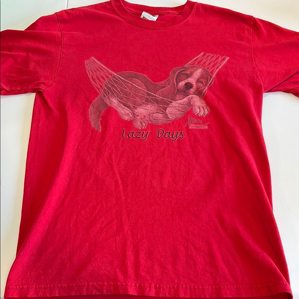 Vintage - 90s Lazy Day, Bassett hound tshirt,‎ red